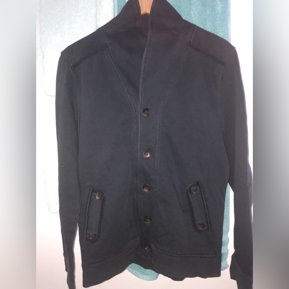 H&M Navy Sweater Cardigan Front Pockets Elbow Patch